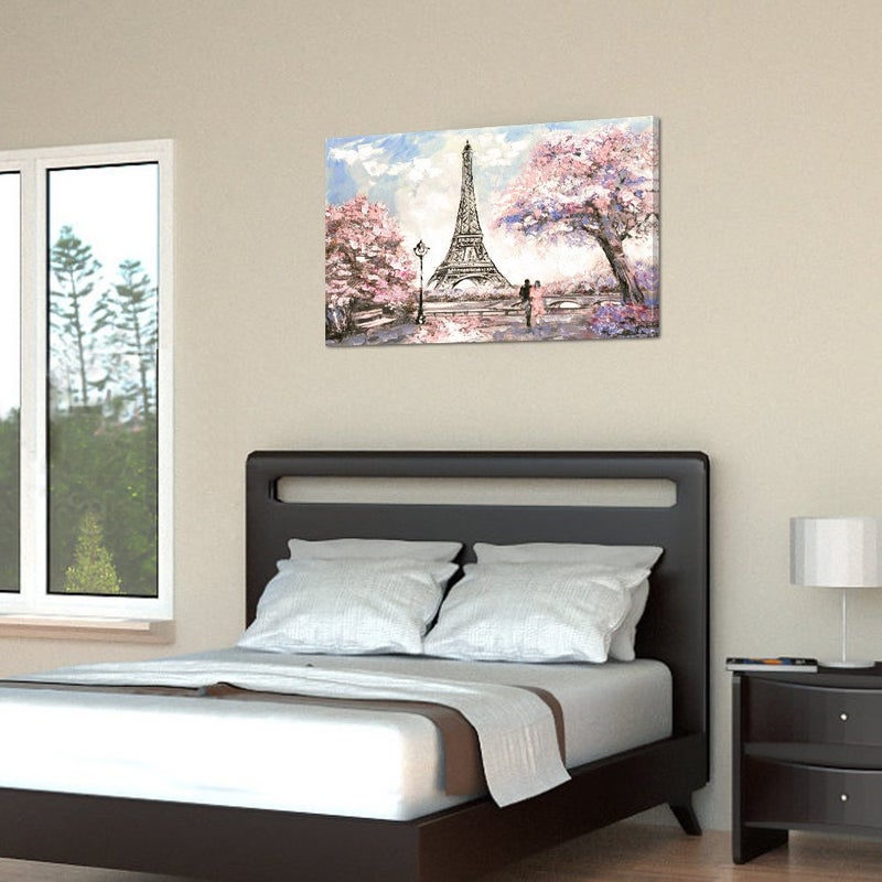 Visual Art Decor Pink Paris Canvas Wall Art Romance Couple Pink Blossoming Eiffel Tower Picture Canvas Prints Wall Art iving Room Bedroom Decoration - Image 3
